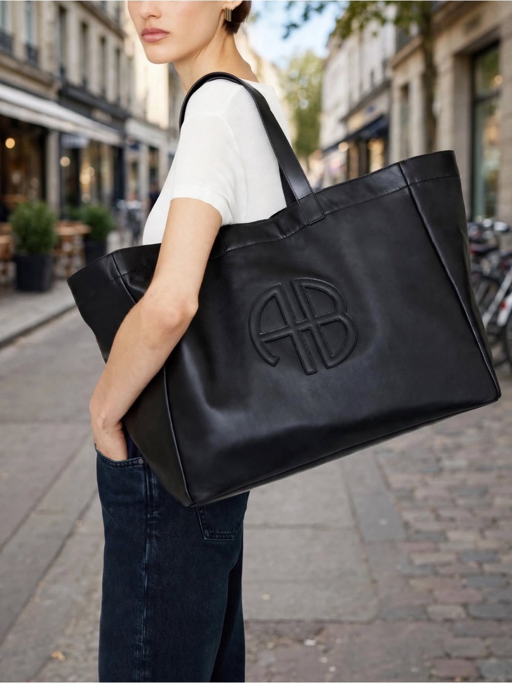 Anine Bing Black Leather Tote with Raised AB Emblem LARGE RIO TOTE